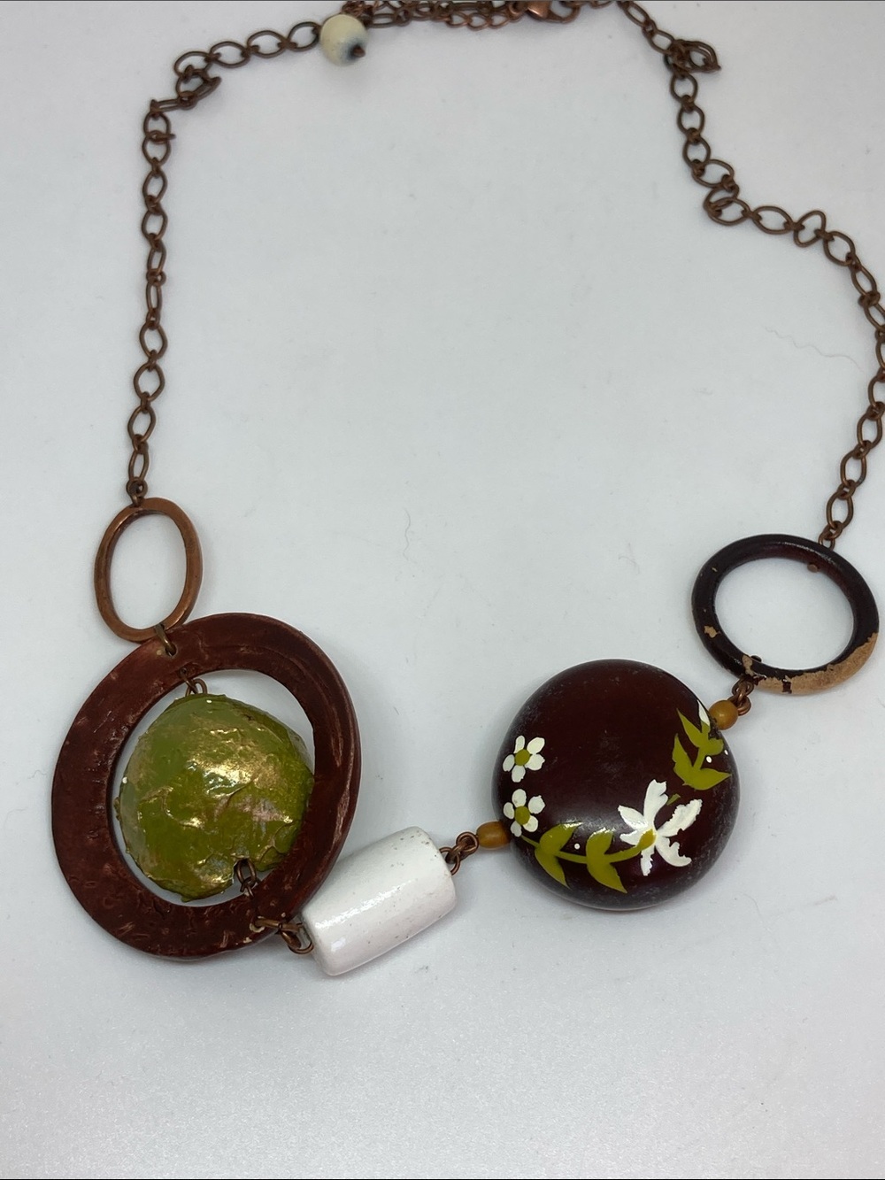 Source Unknown Brown Necklace with Green and White Floral Accents